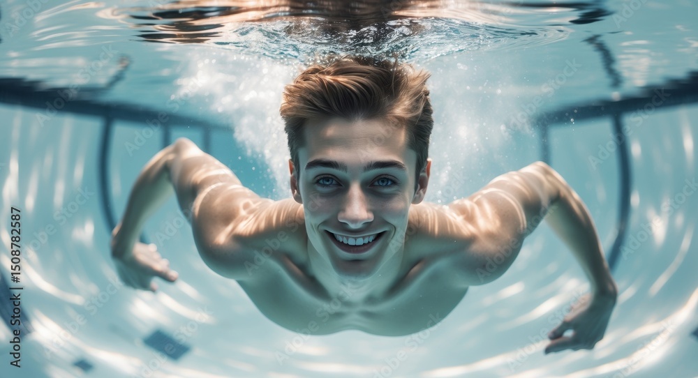 Fototapeta premium Underwater Smile. Young Man Swimming in a Pool with Clear, Refreshing Water.