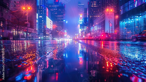 The vibrant city night scene, brightly lit skyscrapers and neon lights are reflected on the wet streets. The long exposure shooting presents a cinematic urban atmosphere and super HDR effect.