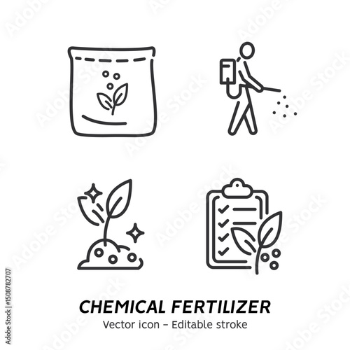 Plant fertilizer. Fertilizer in fertile soil, soil pH test, farming and agriculture icon set. Collection of fertilizer bag and spreader, vegetable, compost vector flat outline icons. Editable stroke