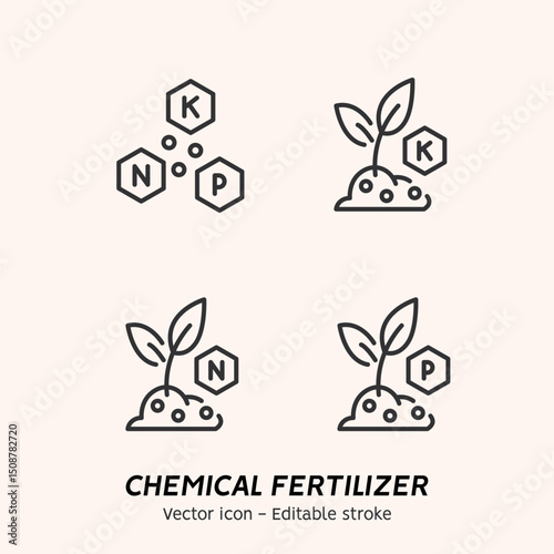 Plant fertilizer. Fertilizer in fertile soil, soil pH test, farming and agriculture icon set. Collection of fertilizer bag and spreader, vegetable, compost vector flat outline icons. Editable stroke