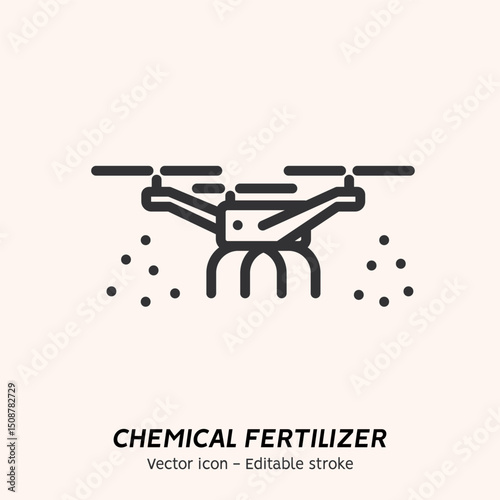 Plant fertilizer. Fertilizer in fertile soil, drone, farming and agriculture icon set. Concept of fertilizer drone and spreader, vegetable, compost vector flat outline icon. Editable stroke