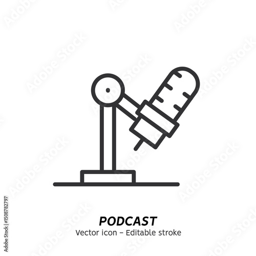 Listening podcast with microphone and recording podcasts single icon. Audio podcast. Concept of online podcasting, online radio show, sound studio vector flat outline icon. Editable stroke