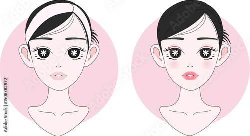 Cute Girl with Bow makeup and no make up – Skincare Doodle Vector