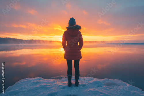 Woman standing at the edge of a frozen lake