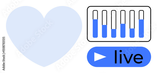 Heart symbol complements a play button labeled live and volume sliders, blending concepts of love, media, and technology. Ideal for entertainment, social media, streaming, technology, connection