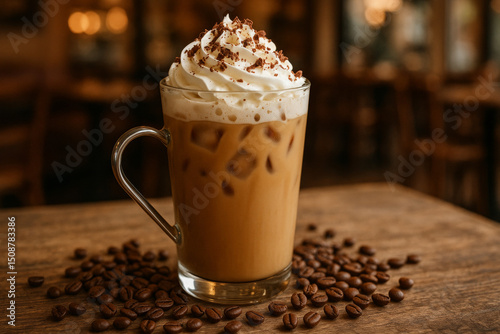 Iced mocha coffee topped with whipped cream and chocolate flakes, served in a clear glass mug surrounded by coffee beans on a wooden table.