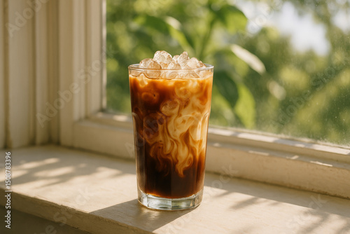 A refreshing iced coffee with cream beautifully swirling through, basking in sunlight on a windowsill with a lush green view.