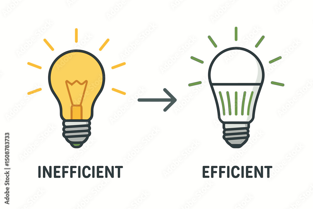 Lighting technology evolution comparison vector. Inefficient incandescent bulb vs efficient LED light bulb concept. Energy saving innovation sustainability environmental upgrade