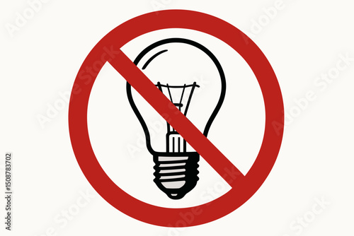 Prohibition ban incandescent light bulb symbol. No traditional bulb sign. Energy efficiency concept. Red circle crossed out lighting restriction. Environmental protection LED transition