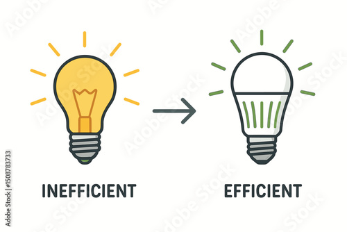 Lighting technology evolution comparison vector. Inefficient incandescent bulb vs efficient LED light bulb concept. Energy saving innovation sustainability environmental upgrade