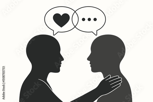 Empathetic communication dialogue concept. People silhouettes conversation speech bubbles heart symbol. Emotional support understanding relationship counseling therapy psychology vector illustration