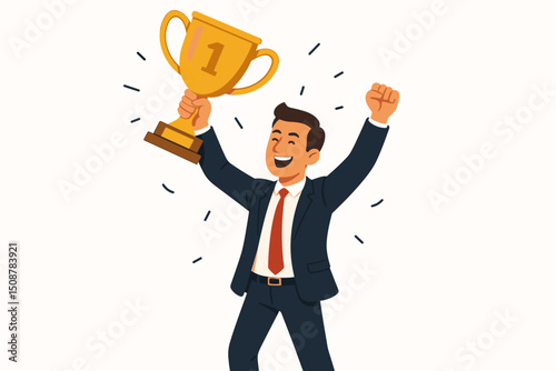 Successful businessman celebrating victory holding golden trophy first place winner. Business achievement concept. Corporate success celebration. Happy professional triumph