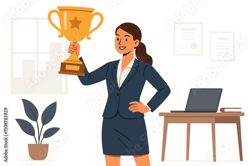 Successful professional businesswoman holding golden star trophy award in modern office. Business achievement celebration victory. Corporate success winner female executive leader concept.