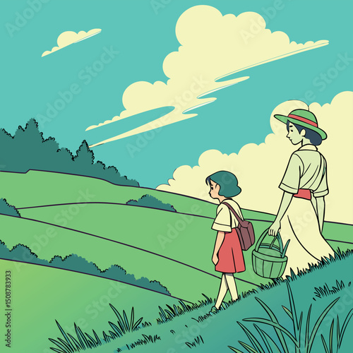Mother and daughter stroll summer hillside landscape