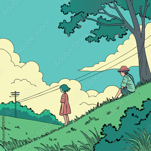 Young couple sitting hilltop summer day dreamy scene