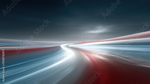Vibrant red and blue light streaks creating futuristic abstract highway with dark sky