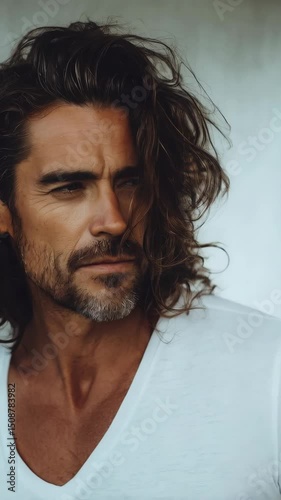 Attractive mature man with flowing hair looks away with contemplative expression in an indoor setting with natural light portrait style photography