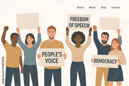 Diverse group peaceful protest demonstration freedom speech democracy rally. People holding signs banners activism civil rights political movement equality justice