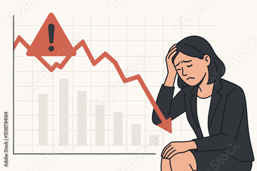 Stressed businesswoman financial crisis concept worried professional. Woman headache gesture declining chart graph. Economic downturn market crash warning. Business failure corporate anxiety