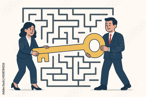 Business teamwork solution concept. Two professionals holding golden key to success through maze challenge. Partnership collaboration strategy metaphor. Problem solving leadership vector