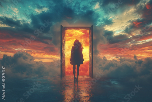 Woman standing before an open portal to another world silhouette