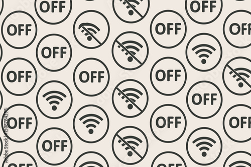 Seamless pattern WiFi offline disconnected internet symbols. No signal wireless network icons OFF button. Digital detox concept. Technology background texture repeat design vector