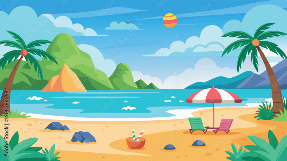 Obraz premium Tropical beach scene with palm trees and beach chairs