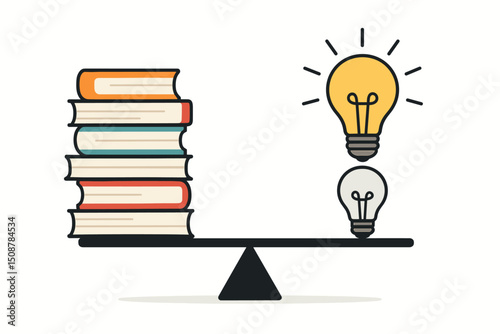 Balance knowledge education books stack with bright ideas innovation light bulb metaphor. Scale equilibrium learning wisdom creativity concept. Academic study versus creative thinking symbol