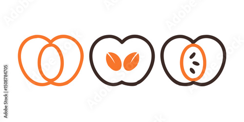 Vector icon set of Peach.Cute Cartoon Peach Illustration Set.Three stylized peach icons in a simple, cartoon drawing style.