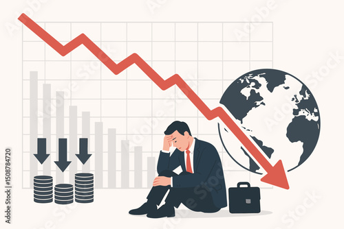 Global economic crisis recession business man stressed sitting financial market crash decline. Stock market downturn loss investment failure. World economy depression collapse vector