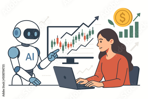 AI trading robot assistant financial advisor analyzing stock market charts data with human investor. Artificial intelligence automated investment analysis algorithm fintech concept.