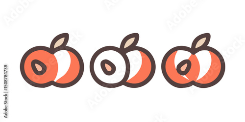 Vector icon set of Peach.Cute Cartoon Peach Illustration Set.Three stylized peach icons in a simple, cartoon drawing style.