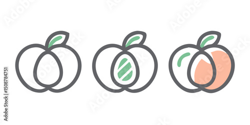 Vector icon set of Peach.Cute Cartoon Peach Illustration Set.Three stylized peach icons in a simple, cartoon drawing style.