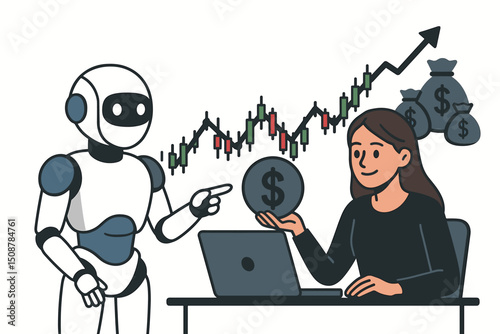AI robot trading assistant advisor helping woman investor. Artificial intelligence automation fintech digital technology. Stock market candlestick chart profit analysis