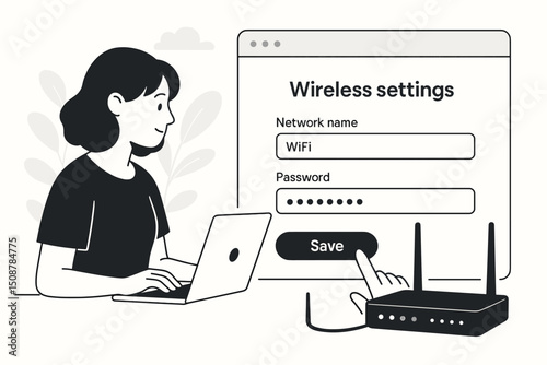 Woman configuring wireless router WiFi network setup password settings.Home technology internet connection configuration browser interface.Security access point administration tutorial