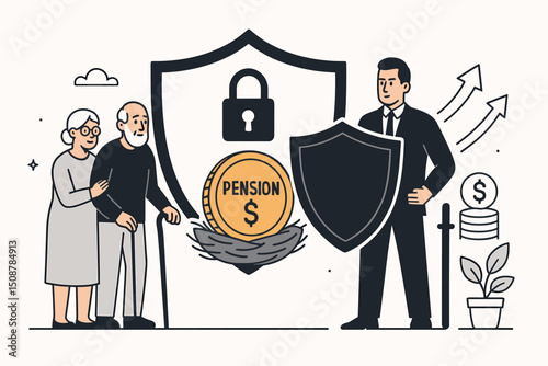 Pension fund protection security concept. Retirement planning elderly couple financial advisor shield lock safety nest egg investment savings growth future security vector illustration