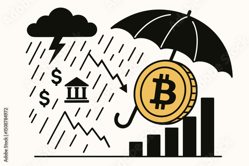 Bitcoin cryptocurrency umbrella protection financial storm crisis hedge market crash. Economic downturn digital currency shield investment security dollar decline bear market asset defense