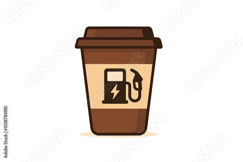 Coffee cup energy fuel metaphor electric charging symbol. Caffeine recharge power up concept. Takeaway beverage with fuel pump lightning bolt icon. Energy drink battery metaphor illustration