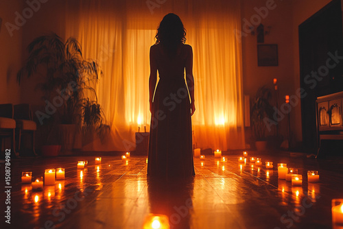 Woman standing in a candle-lit room