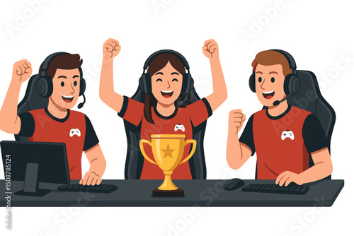 Esports team celebration victory championship trophy. Professional gamers winning competition tournament. Gaming headsets computers setup. Team success achievement