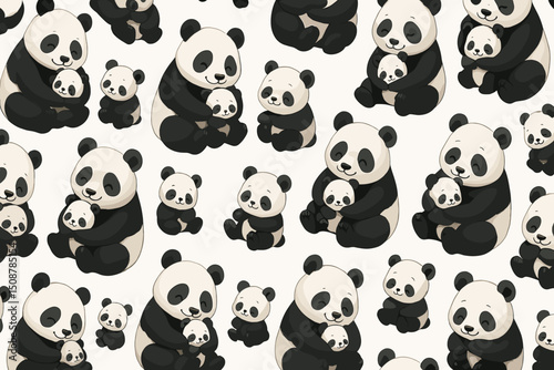 Cute panda bear family seamless pattern. Mother panda hugging baby cub vector illustration. Adorable black white pandas cuddling embracing. Sweet animal love repeat design background