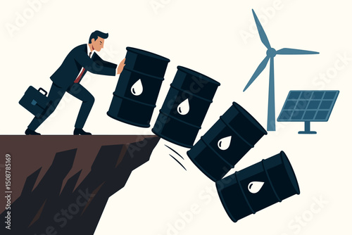 Energy transition fossil fuel decline concept businessman oil barrels falling crisis renewable wind solar power green sustainable clean alternative business illustration