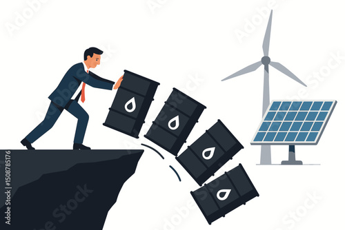 Business energy transition fossil fuel decline renewable green power. Businessman pushing oil barrels toward wind turbine solar panel clean sustainable alternative energy future
