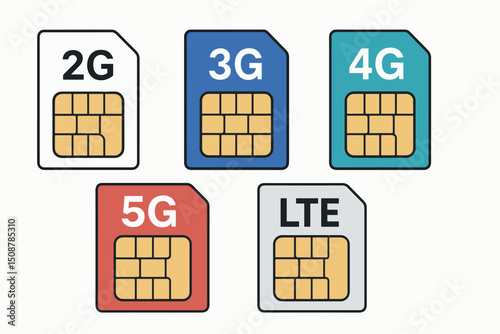 Mobile network evolution SIM cards set. 2G 3G 4G 5G LTE wireless technology generations. Telecommunication cellular connectivity icons. Vector illustration technology progression concept