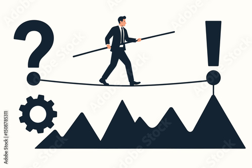 Business man walking tightrope balance beam from question mark to exclamation point. Challenge solution concept metaphor. Risk management strategy. Problem solving leadership success achievement.