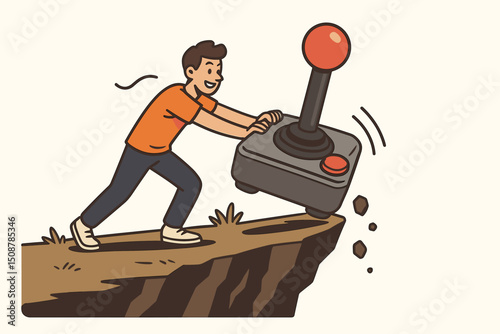 Breaking gaming addiction chains metaphor illustration. Man pushing vintage retro game controller joystick off cliff edge. Digital detox concept. Overcoming technology dependency habits