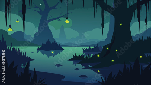 Moody Swamp with Cypress Trees and Hanging Moss