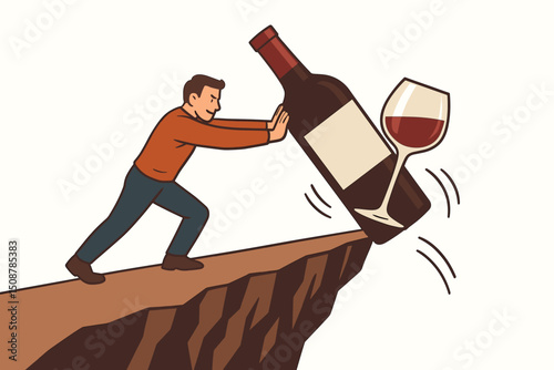 Man pushing giant wine bottle off cliff metaphor overcoming alcohol addiction quit drinking sobriety recovery wellness mental health breaking habits vector illustration concept