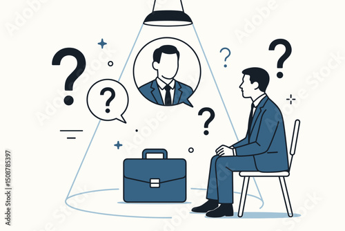 Job interview under spotlight pressure concept. Businessman facing employment interrogation with question marks. Professional anxiety stress uncertainty. Career assessment meeting