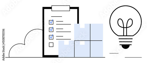 Clipboard with checklist, stacked boxes, and lightbulb. Ideal for organization, productivity, planning, logistics, innovation teamwork creative solutions. Clear flat simple metaphor